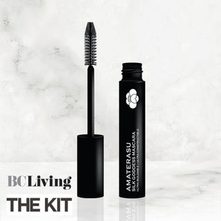 silk mascara black colour Goddess Mascara by Amaterasu Beauty, with the mascara wand and bottle displayed against a marble background. 